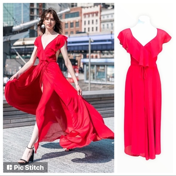 Anthropologie Yumi Kim Womens Red Wrap Midi Dress Ruffle Crepe Large - Picture 2 of 16